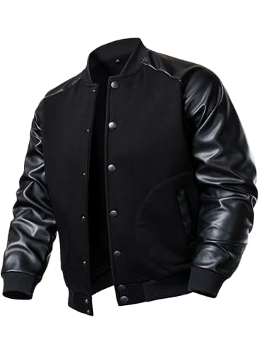 FANARCHER Men's Varsity Baseball Jacket Cotton Blend Letterman Jacket with Faux Leather Sleeve Bomber Coat