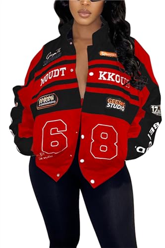 CALEBGAR Women Varsity Jacket Motorcycle Detachable Letter Graphic Racer Vintage Colorblock Baseball Coats Streetwear