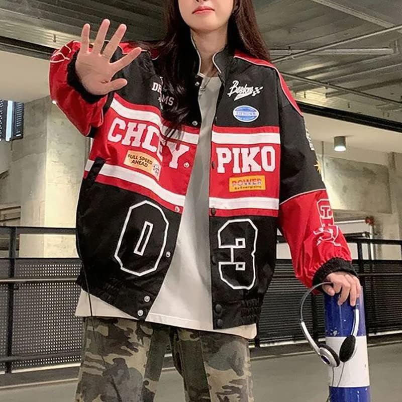 Varsity Jacket for Women Patchwork Long Sleeve Racing Bomber Letterman Jackets Color Block Y2k Vintage Streetwear