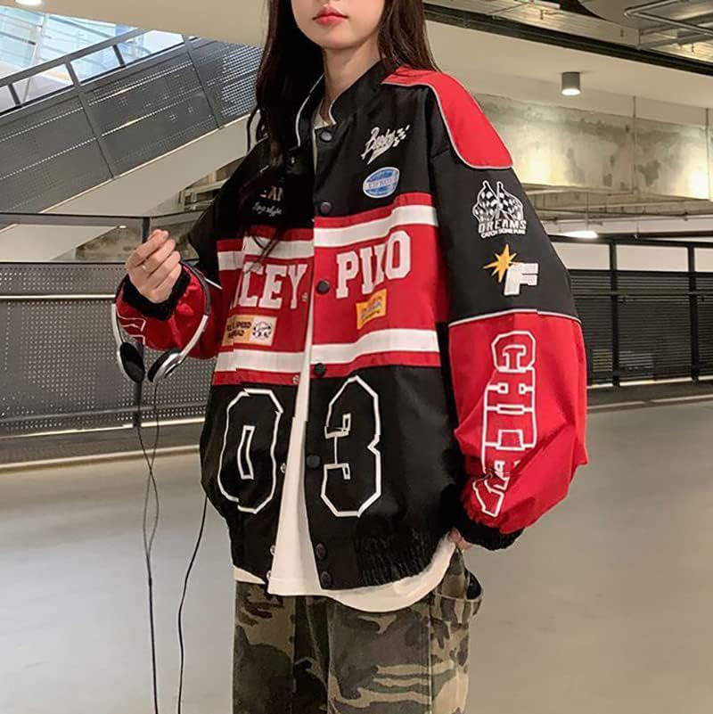 Varsity Jacket for Women Patchwork Long Sleeve Racing Bomber Letterman Jackets Color Block Y2k Vintage Streetwear