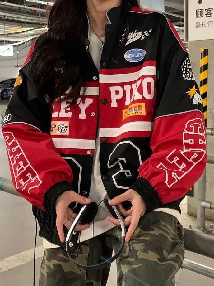 Varsity Jacket for Women Patchwork Long Sleeve Racing Bomber Letterman Jackets Color Block Y2k Vintage Streetwear