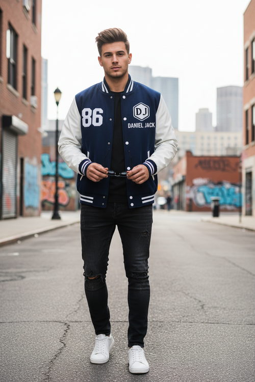 Male model wearing Daniel Jack Varsity Jacket