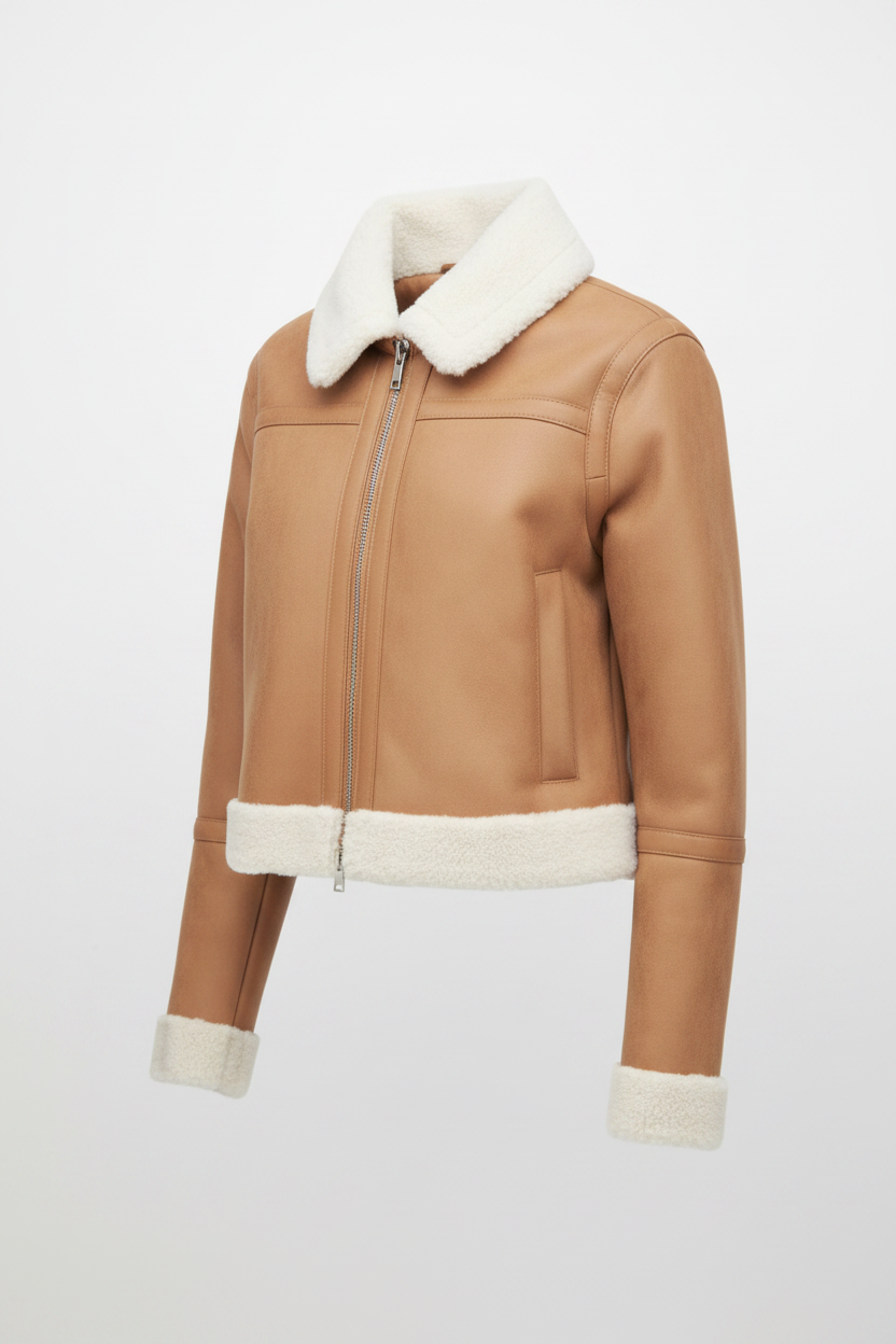 Daniel Jack Tan Shearling Cropped Leather Jacket - Side View