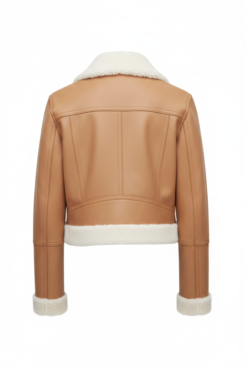 Daniel Jack Tan Shearling Cropped Leather Jacket - Back View