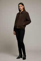 The Maverick Dark Suede Bomber Jacket – Female Model