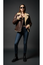 Daniel Jack Brown Shearling Aviator Leather Jacket - Female Model